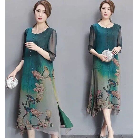 Asian Silk Mori Girl Dress Womens Size Medium Green Bird Forest Fairy Event - Picture 1 of 7